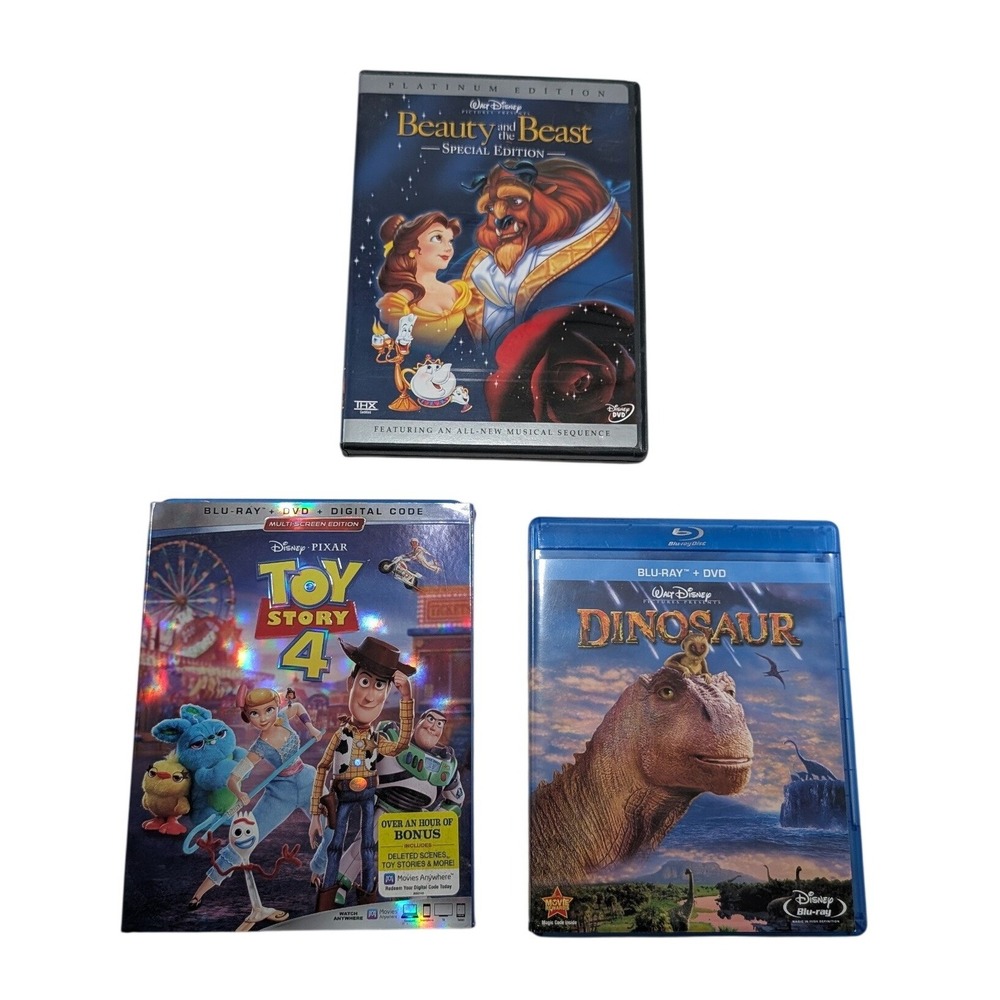 Disney Movie Lot Toy Story 4 Dinosaur Beauty and the Beast Blu-ray DVD Bundle